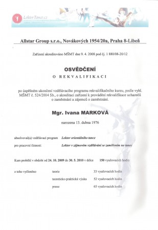 Osvědčení - LEKTOR ORIENTÁLNÍHO TANCE